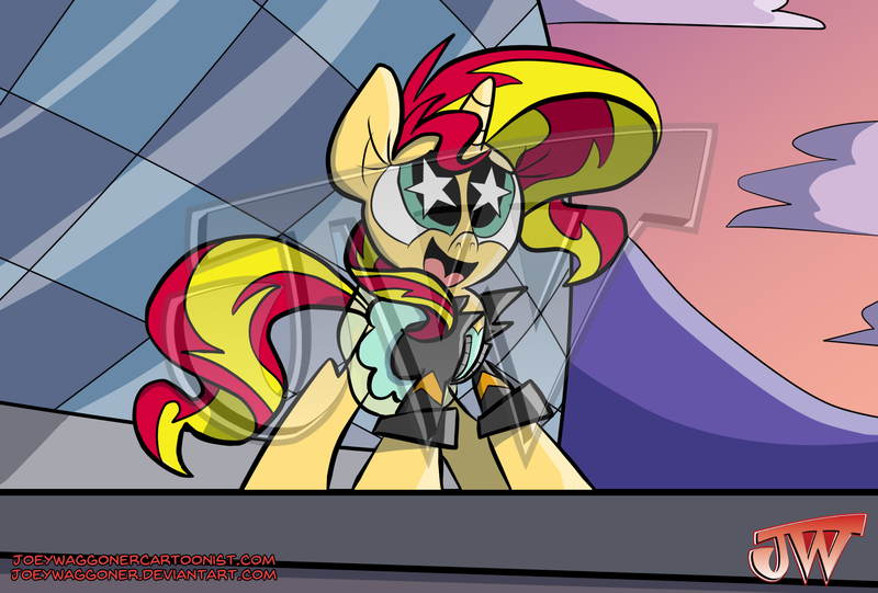 Size: 2039x1378 | Tagged: safe, artist:joeywaggoner, derpibooru import, sunset shimmer, pony, clothes, equestria girls outfit, obtrusive watermark, solo, starry eyes, watermark, wingding eyes