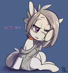 Size: 1280x1376 | Tagged: safe, artist:arkiiwarki, derpibooru import, rumble, pony, ask trap-rumble, alternate hairstyle, ask, blue background, choker, clothes, dialogue, one eye closed, simple background, sitting, sleepy, solo, t-shirt, tired, tumblr