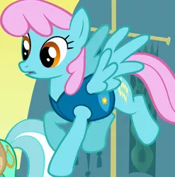 Size: 712x720 | Tagged: safe, derpibooru import, screencap, electric blue, lyra heartstrings, sassaflash, pegasus, pony, winter wrap up, background pony, cropped, female, flying, mare, pink mane, recolor, solo focus, weather team, winter wrap up vest