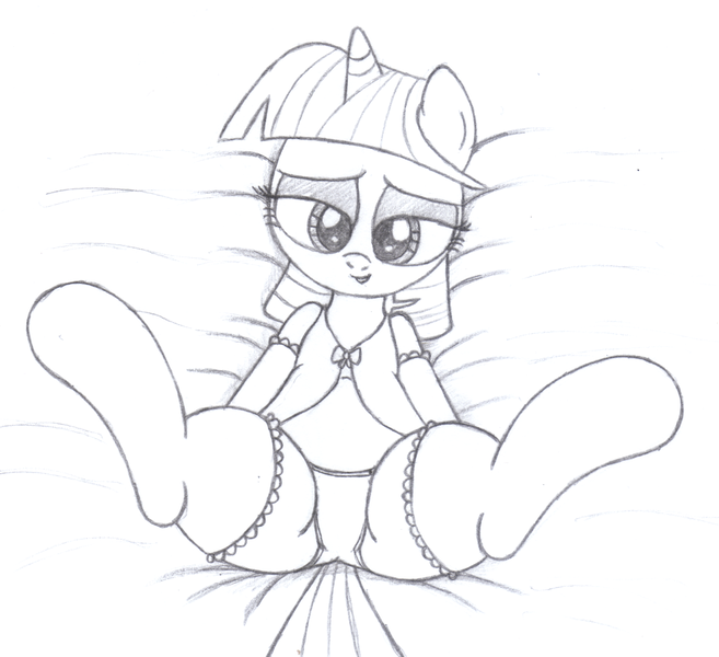 Size: 2420x2210 | Tagged: artist:an-tonio, bedroom eyes, clothes, derpibooru import, female, monochrome, socks, solo, solo female, spread legs, suggestive, traditional art, twilight sparkle, underwear