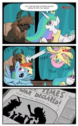 Size: 832x1341 | Tagged: dead source, safe, artist:jittery-the-dragon, derpibooru import, fluttershy, princess celestia, rainbow dash, alicorn, pegasus, pony, yak, 3:, behaving like a bird, chest fluff, comic, derp, fluffy, flying, food, frown, geese, glare, honk, newspaper, open mouth, pie, spread wings, throwing, tongue out, upside down, wavy mouth, wide eyes