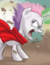 Size: 850x1100 | Tagged: safe, artist:ceehoff, derpibooru import, sweetie belle, pony, unicorn, akira, angry, corrupted, cross-popping veins, crossover, evil, female, filly, magic, red cape, solo, tetsuo shima, yelling