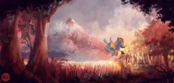 Size: 3200x1525 | Tagged: applejack, artist:lukeine, canterlot, castle, derpibooru import, forest, mountain, rainbow dash, safe, scenery, tree