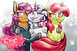 Size: 2840x1900 | Tagged: apple bloom, artist:lunarmarshmallow, blushing, choker, clothes, crepuscular rays, cutie mark crusaders, derpibooru import, female, group hug, hoodie, hug, older, reunion, safe, scootaloo, sweetie belle, unshorn fetlocks