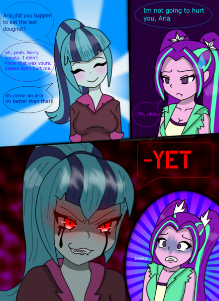 Size: 1700x2339 | Tagged: semi-grimdark, artist:zachthehedgehog97-2, derpibooru import, aria blaze, sonata dusk, equestria girls, alternate eye color, comic, duo, duo female, female, intimidating, psychonata dusk, red eyes, red eyes take warning, running makeup, scared