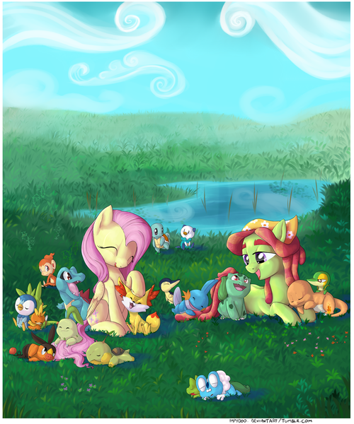 Size: 1500x1800 | Tagged: artist:impydoo, bulbasaur, charmander, chespin, chikorita, chimchar, crossover, cyndaquil, derpibooru import, fennekin, fluttershy, froakie, grass, mudkip, oshawott, piplup, pokémon, pond, safe, sleeping, snivy, squirtle, tepig, torchic, totodile, treecko, tree hugger, turtwig