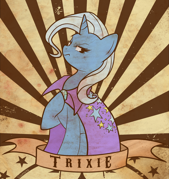 Size: 1461x1545 | Tagged: safe, artist:sigmanas, derpibooru import, trixie, pony, unicorn, female, mare, poster, solo