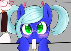 Size: 997x712 | Tagged: safe, artist:potzm, derpibooru import, oc, oc:bluebook, oc:lawyresearch, unofficial characters only, blushing, licking, popsicle, tongue out