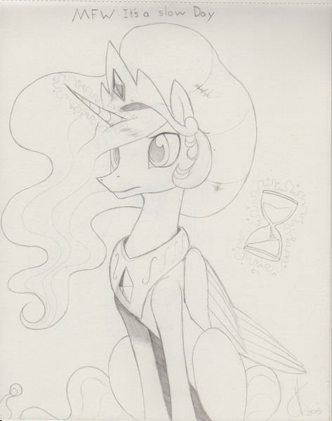 Size: 800x1014 | Tagged: artist:valcron, bored, derpibooru import, hourglass, levitation, magic, monochrome, princess celestia, safe, sitting, sketch, solo, telekinesis, traditional art, trotcon, trotcon 2015