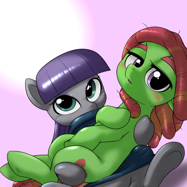 Size: 1000x1000 | Tagged: safe, artist:ushiro no kukan, derpibooru import, maud pie, tree hugger, earth pony, pony, bridal carry, crack shipping, female, lesbian, maudhugger, shipping, underhoof