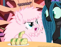 Size: 650x500 | Tagged: angry, artist:mixermike622, derpibooru import, fluffle puff tales, frown, glare, hissing, oc, oc:fluffle puff, open mouth, puffy cheeks, queen chrysalis, safe, stay away from my tacos, taco, tumblr, tumblr:ask fluffle puff, wide eyes