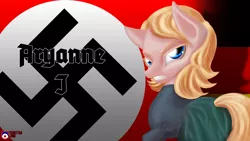 Size: 1920x1080 | Tagged: safe, artist:tsaritsaluna, derpibooru import, oc, oc:aryanne, unofficial characters only, earth pony, pony, alternate hairstyle, angry, aryan pony, blackletter, clothes, dress, female, flag, german, germany, looking at you, nazi, solo, swastika