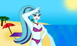 Size: 4242x2559 | Tagged: safe, artist:cyber-murph, derpibooru import, sonata dusk, equestria girls, armpits, bad anatomy, beach, bikini, clothes, looking at you, open mouth, small head, solo, swimsuit