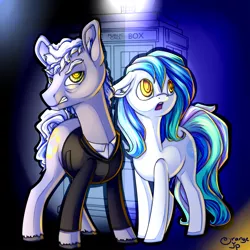 Size: 1600x1600 | Tagged: safe, artist:pellsya, derpibooru import, doctor whooves, time turner, oc, oc:sibby, earth pony, pony, doctor who, duo, male, novosibirsk, russia, sibbronycon, stallion, tardis, twelfth doctor