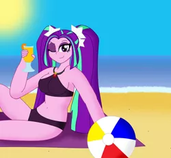 Size: 4006x3716 | Tagged: safe, artist:cyber-murph, derpibooru import, aria blaze, equestria girls, beach, beach ball, belly button, bikini, clothes, drink, looking at you, smiling, solo, swimsuit, wink