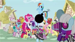Size: 902x508 | Tagged: safe, derpibooru import, edit, edited screencap, screencap, apple bloom, applejack, big macintosh, carrot cake, cup cake, fluttershy, granny smith, mayor mare, photo finish, pinkie pie, rainbow dash, rarity, scootaloo, sweetie belle, twilight sparkle, twilight sparkle (alicorn), zecora, alicorn, pony, zebra, bomb, camera, cutie mark crusaders, duality, female, intro, mare, opening, photobomb, pun, self ponidox, this will end in tears and/or death, visual pun