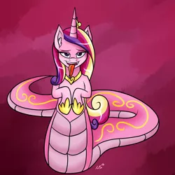 Size: 1600x1600 | Tagged: safe, artist:novaspark, derpibooru import, princess cadance, lamia, original species, snake pony, bedroom eyes, ear fluff, eyeshadow, fangs, gradient background, looking at you, makeup, open mouth, pink background, simple background, slit eyes, smiling, solo, species swap, tongue out