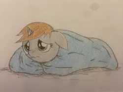 Size: 3264x2448 | Tagged: safe, artist:professionalpuppy, derpibooru import, oc, oc:littlepip, unofficial characters only, pony, unicorn, fallout equestria, fanfic, blanket, cold, cute, diabetes, fanfic art, female, horn, mare, pipabetes, simple background, solo, traditional art, white background