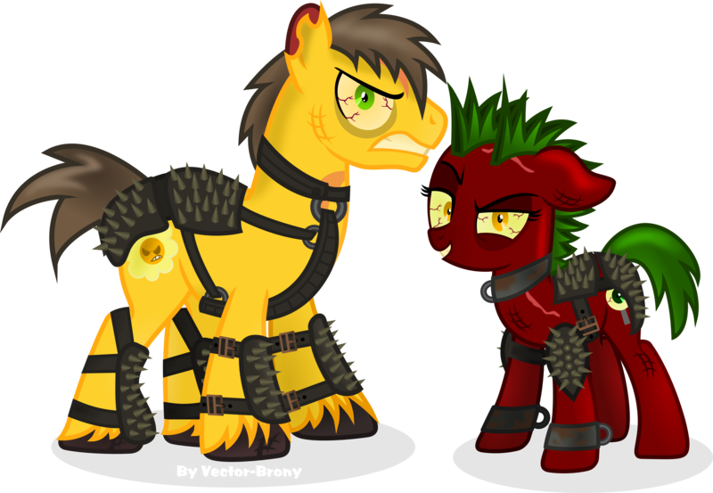 Size: 4684x3235 | Tagged: absurd resolution, armor, artist:vector-brony, blood, derpibooru import, fallout, fallout equestria, looking at you, oc, oc:blood, oc:daff, raider, raiders, semi-grimdark, simple background, spikes, transparent background, unofficial characters only, vector