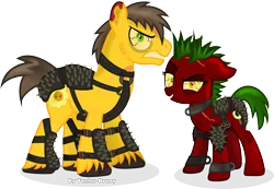 Size: 4684x3235 | Tagged: absurd resolution, armor, artist:vector-brony, blood, derpibooru import, fallout, fallout equestria, looking at you, oc, oc:blood, oc:daff, raider, raiders, semi-grimdark, simple background, spikes, transparent background, unofficial characters only, vector