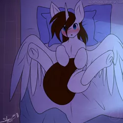 Size: 894x894 | Tagged: suggestive, artist:silverfox057, derpibooru import, oc, oc:miles, unofficial characters only, alicorn, pony, alicorn oc, bed, blue eyes, blushing, covering, looking at you, male, overhead view, shy, signature, solo, solo male, spread legs, spread wings, tail covering, underhoof