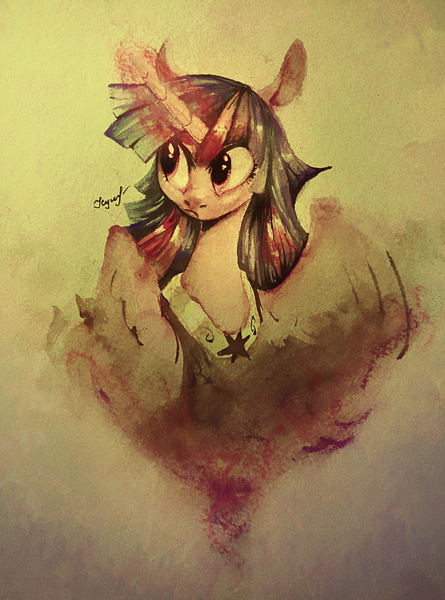 Size: 2227x3001 | Tagged: safe, artist:locksto, derpibooru import, twilight sparkle, twilight sparkle (alicorn), alicorn, pony, alternate hairstyle, beautiful, big eyes, determined, female, floppy ears, frown, large wings, mare, regalia, royalty, solo, traditional art, watercolor painting