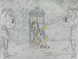 Size: 1024x785 | Tagged: safe, artist:moderndavinci, derpibooru import, doctor whooves, time turner, ponified, cyberman, pony, doctor who, fire, male, snow, snowfall, sonic screwdriver, stallion, tardis, traditional art