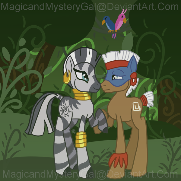 Size: 860x860 | Tagged: artist:magicandmysterygal, derpibooru import, female, male, safe, shipping, straight, temple chant, zebra, zechant, zecora