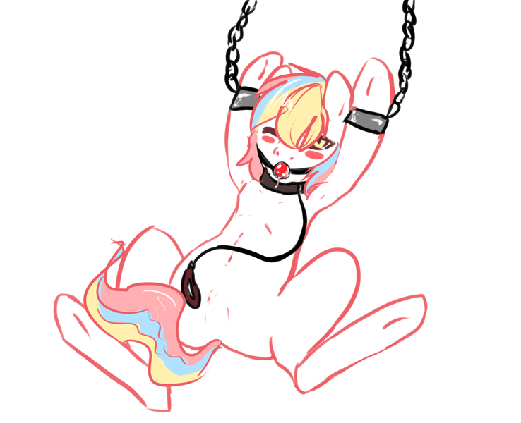 Size: 1231x1001 | Tagged: armpits, artist:1an1, ballgag, blushing, bondage, collar, derpibooru import, explicit source, female, gag, leash, oc, oc:berry, quality, solo, solo female, suggestive, unofficial characters only