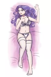 Size: 668x1000 | Tagged: artist:king-kakapo, bed, belly button, bra, breasts, cleavage, clothes, derpibooru import, feet, female, fire ruby, frilly underwear, human, humanized, lingerarity, lingerie, on back, panties, rarity, ribbon, sexy, sketch, solo, solo female, stockings, stupid sexy rarity, suggestive, underwear, white underwear