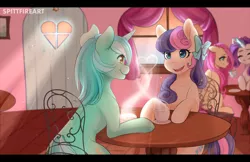Size: 1920x1241 | Tagged: safe, artist:spittfireart, derpibooru import, bon bon, fluttershy, lyra heartstrings, rarity, sweetie drops, earth pony, pegasus, pony, unicorn, adorabon, cafe, chair, coffee, cup, cute, eyes closed, female, hair bow, happy, lesbian, looking at each other, lyrabetes, lyrabon, magic, mare, open mouth, plate, shipping, sitting, smiling, table, window