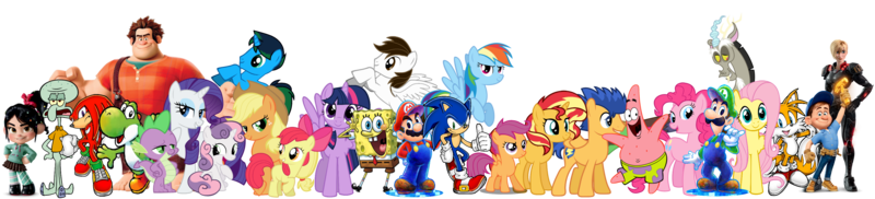 Size: 3506x797 | Tagged: safe, artist:andrestoons, derpibooru import, apple bloom, applejack, discord, flash sentry, fluttershy, pinkie pie, rainbow dash, rarity, scootaloo, spike, sunset shimmer, sweetie belle, twilight sparkle, oc, oc:andres, oc:sebastian, pony, yoshi, pony creator, calhoun, crossover, cutie mark crusaders, fix-it felix jr., image, knuckles the echidna, luigi, mane seven, mane six, mario, meme, miles "tails" prower, patrick star, png, sonic the hedgehog, sonic the hedgehog (series), spongebob squarepants, spongebob squarepants (character), squidward tentacles, super mario bros., vanellope von schweetz, wreck-it ralph