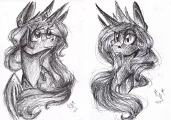 Size: 1700x1200 | Tagged: artist:karmamoonshadow, crosshatch, derpibooru import, grayscale, monochrome, princess celestia, princess luna, safe, simple background, traditional art