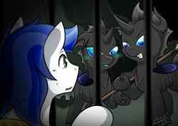 Size: 1131x800 | Tagged: suggestive, artist:vavacung, derpibooru import, changeling, pegasus, pony, comic:caught between lust and love, blushing, cave, clopfic in description, comic, fanfic art, female, jail, male, royal guard, spear, story included