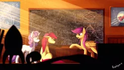 Size: 1920x1080 | Tagged: safe, artist:rublegun, derpibooru import, apple bloom, scootaloo, sweetie belle, earth pony, pegasus, pony, unicorn, bow, chalkboard, crepuscular rays, cutie mark crusaders, fancy mathematics, female, hair bow, looking at each other, math, older, rocket, rocket science, science