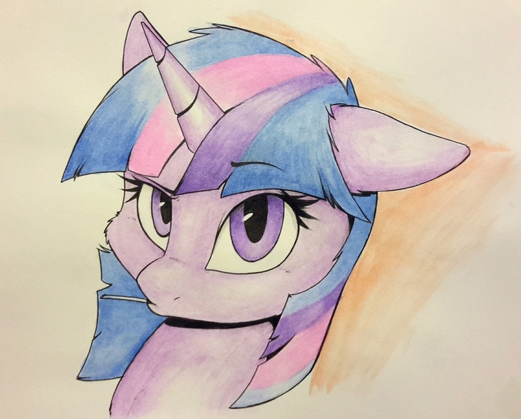 Size: 2274x1831 | Tagged: safe, artist:captainpudgemuffin, derpibooru import, twilight sparkle, pony, unicorn, duckface, female, floppy ears, lollipop, looking at you, mare, portrait, raised eyebrow, solo, traditional art