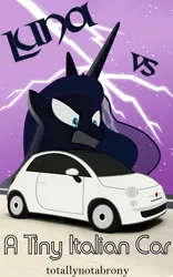 Size: 1000x1600 | Tagged: safe, artist:totallynotabronyfim, derpibooru import, princess luna, alicorn, pony, fanfic, fanfic:luna vs. a tiny italian car, angry, car, cover art, fanfic art, fanfic in the description, female, fiat, fiat 500, lightning, mare, solo, text