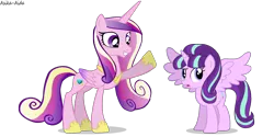 Size: 2000x1000 | Tagged: safe, artist:asika-aida, derpibooru import, princess cadance, starlight glimmer, alicorn, pony, alicornified, confused, grin, simple background, smiling, starlicorn, transparent background, what have you done?!, xk-class end-of-the-world scenario