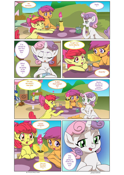 Size: 1024x1447 | Tagged: safe, artist:jeremy3, derpibooru import, apple bloom, derpy hooves, scootaloo, sweetie belle, earth pony, pegasus, pony, unicorn, comic:everfree, cafe, clover cafe, comic, cutie mark crusaders, female, filly, mailmare, mare, ponyville