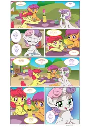 Size: 1024x1447 | Tagged: safe, artist:jeremy3, derpibooru import, apple bloom, derpy hooves, scootaloo, sweetie belle, earth pony, pegasus, pony, unicorn, comic:everfree, cafe, clover cafe, comic, cutie mark crusaders, female, filly, mailmare, mare, ponyville