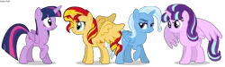 Size: 3000x900 | Tagged: safe, artist:asika-aida, derpibooru import, starlight glimmer, sunset shimmer, trixie, twilight sparkle, twilight sparkle (alicorn), alicorn, pony, alicornified, bedroom eyes, counterparts, everyone is an alicorn, frown, magical quartet, open mouth, race swap, raised eyebrow, raised hoof, shimmercorn, smiling, smirk, spread wings, starlicorn, trixiecorn, twilight's counterparts, wide eyes, xk-class end-of-the-world scenario