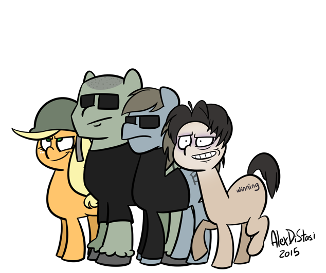 Size: 634x532 | Tagged: applejack, artist:alex di stasi, charlie sheen, derpibooru import, exploitable meme, happy, helmet, how applejack won the war, meme, mooks, moon, oc, oc:alpha, oc:bravo, oc:charlie horse, old joke, old meme, proud, safe, simple background, soldierjack, victory, war horse, winning