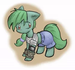 Size: 1061x994 | Tagged: safe, artist:zutcha, derpibooru import, oc, oc:lonely day, unofficial characters only, earth pony, pony, fanfic, fanfic:founders of alexandria, fanfic:the last pony on earth, ponies after people, bandage, clothes, cuffs, fanfic art, female, hooves, illustration, mare, shorts, solo, tired