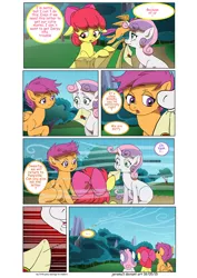 Size: 1600x2261 | Tagged: safe, artist:jeremy3, derpibooru import, apple bloom, scootaloo, sweetie belle, pony, comic:everfree, comic, cutie mark crusaders, everfree forest, fence, letter, mouth hold, welp, wind