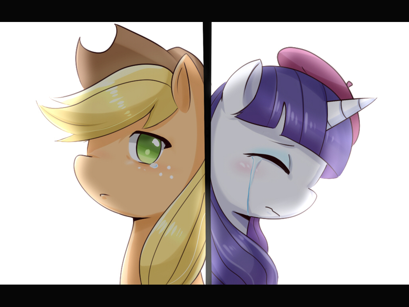 Size: 1024x768 | Tagged: applejack, artist:shouyu musume, crying, derpibooru import, duo, pixiv, rarity, sad, safe