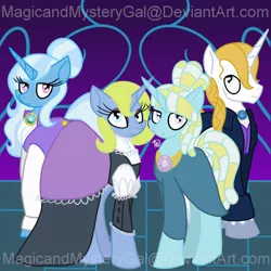 Size: 894x894 | Tagged: safe, artist:magicandmysterygal, derpibooru import, prince blueblood, trixie, oc, oc:aura spark, oc:tidal comet, pony, unicorn, bluetrix, female, male, mare, offspring, older, parent:prince blueblood, parent:trixie, parents:bluetrix, shipping, straight