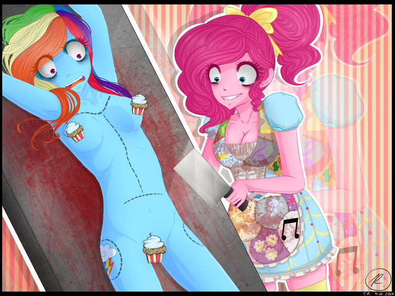 Size: 1024x768 | Tagged: semi-grimdark, suggestive, artist:nappinen, derpibooru import, pinkie pie, rainbow dash, fanfic:cupcakes, equestria girls, armpits, belly button, blood, bondage, breasts, censored, cleavage, cleaver, cupcake, cutie mark, cutie mark dress, cutie mark on equestria girl, female, imminent murder, knife, nudity, pinkamena diane pie, scared