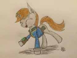 Size: 1024x768 | Tagged: safe, artist:professionalpuppy, derpibooru import, oc, oc:littlepip, unofficial characters only, pony, unicorn, fallout equestria, fanfic, clothes, dancing, fanfic art, female, happy, horn, mare, pipbuck, simple background, solo, traditional art, vault suit