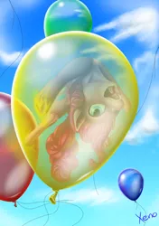 Size: 600x852 | Tagged: artist:the1xeno1, backbend, balloon, bridge stretch, derpibooru import, flexible, pinkie pie, pinkie pie trapped in a balloon, safe, solo, then watch her balloons lift her up to the sky