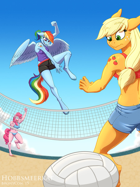 Size: 1280x1707 | Tagged: alternative cutie mark placement, anthro, applejack, armpits, artist:hobbsmeerkat, beach, beach volleyball, derpibooru import, pinkie pie, rainbow dash, safe, unguligrade anthro, volleyball